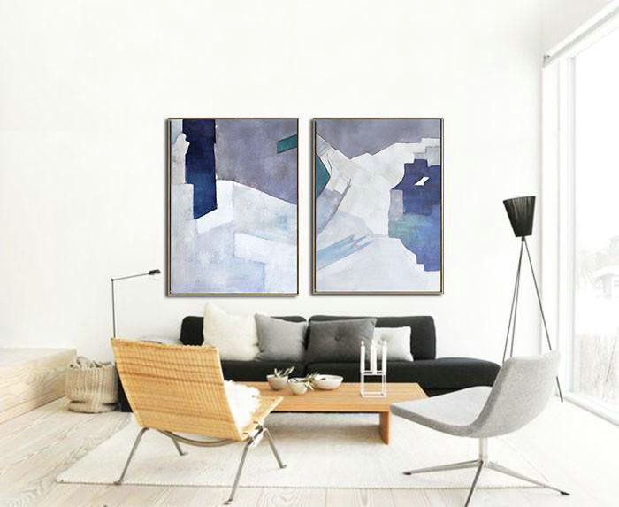 Hand Made Abstract Art,Set Of 2 Contemporary Art On Canvas,Large Canvas Art,Violet Ash,Dark Blue,White,Blue.Etc